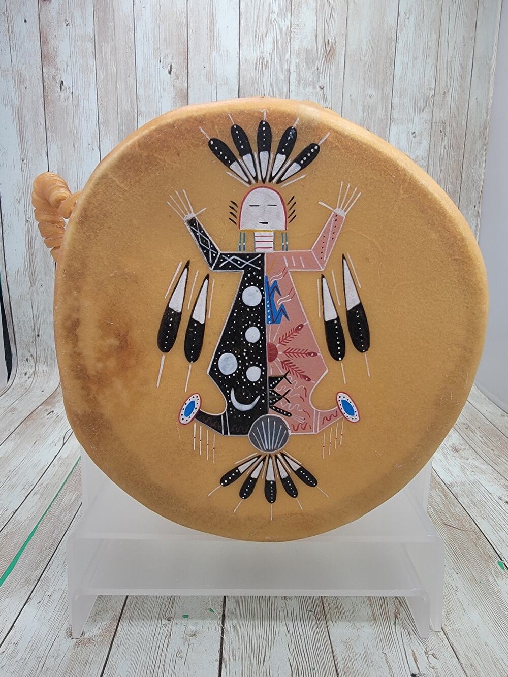 Vintage Frank Martin Navajo Mother Earth Sand Painting Raw Hide Skin Drum